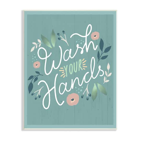 Stupell Industries Wash Your Hands Pink Florals Green Farmhouse Pattern Wall Plaque